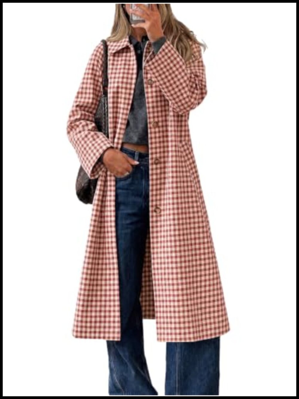 Womens Plaid Trench Coat Lapel Single Breasted Long Jacket